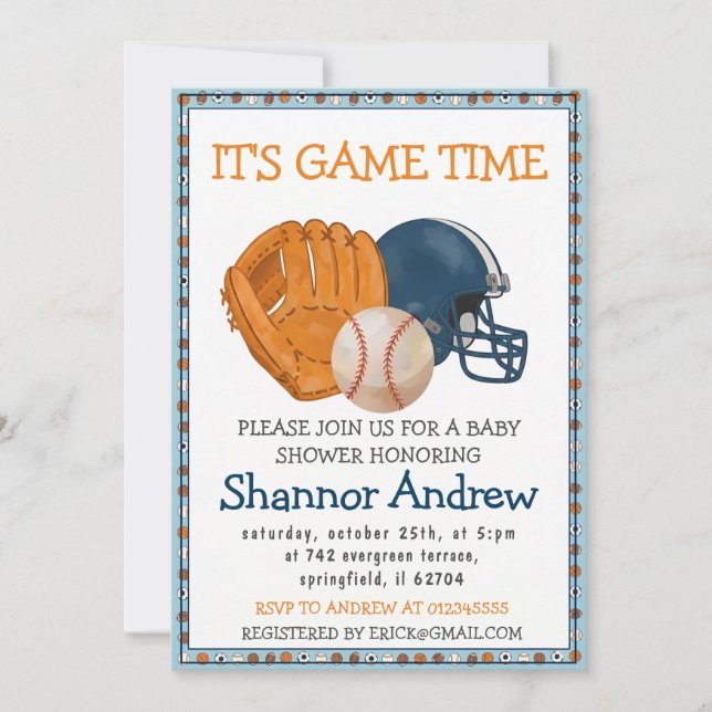 Invitación Ducha de Bebé Deportiva Simple y Personalizada (Anverso)