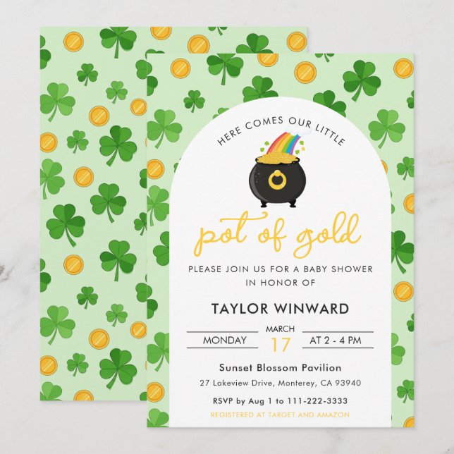 Invitación Ducha de Bebé Día de San Patricio Olla de Oro (Anverso / Reverso)