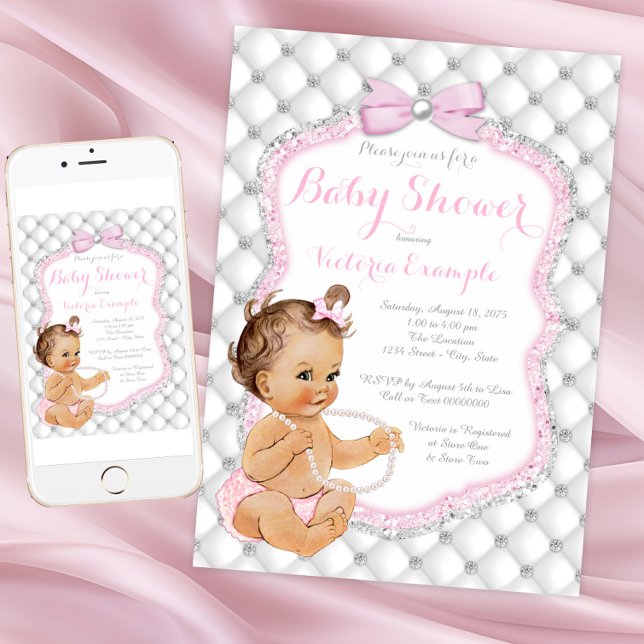Invitación Ducha de Bebé Diamantes y Perlas (Pretty blush pink diamond baby shower invitation. Instant download and printed invitations available)