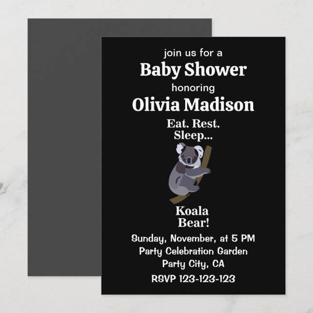 Invitación Ducha de Bebé Divertida con Oso Koala (Anverso / Reverso)