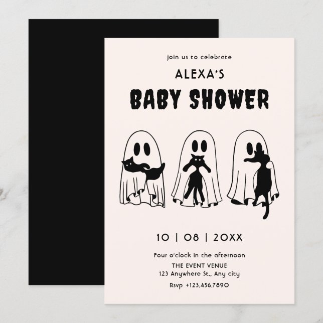 Invitación ducha de bebé divertida fantasma gato negro (Anverso / Reverso)