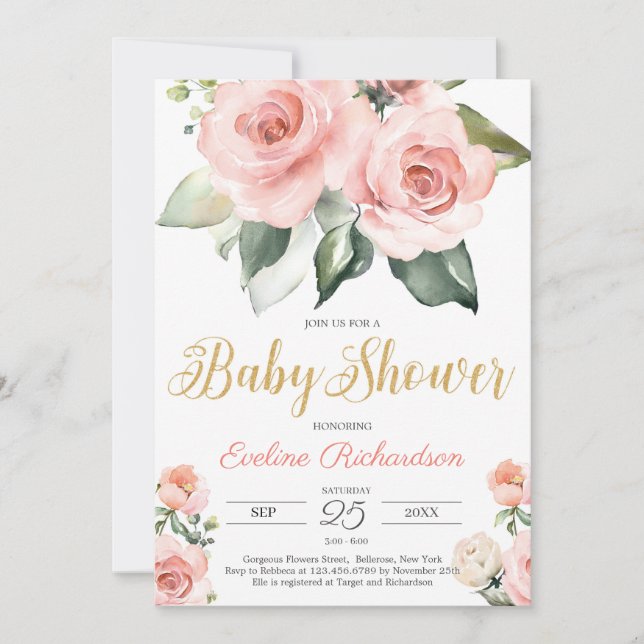 Invitación Ducha de bebé dorada y florida (Anverso)