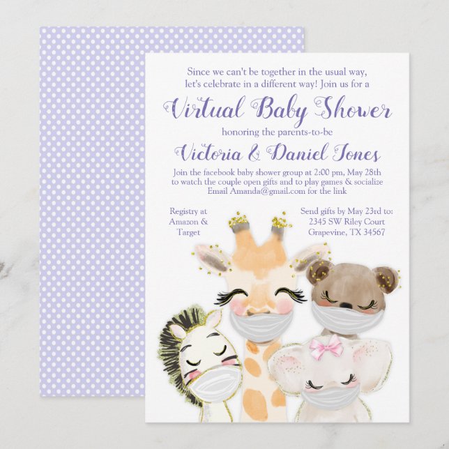 Invitación Ducha de bebé Drive By con animales bebés con másc (Anverso / Reverso)