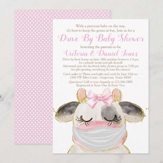Invitación Ducha de bebé Drive By con vaca niña con máscara (Anverso / Reverso)