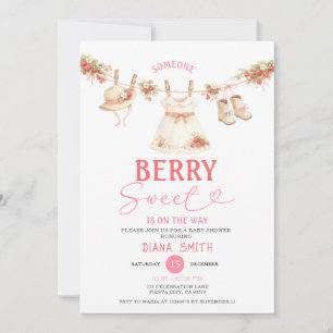 Invitación Ducha de bebé dulce fresa en la cuerda de ropa