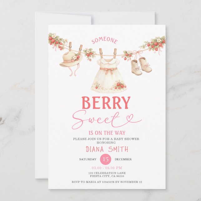 Invitación Ducha de bebé dulce fresa en la cuerda de ropa  (Anverso)