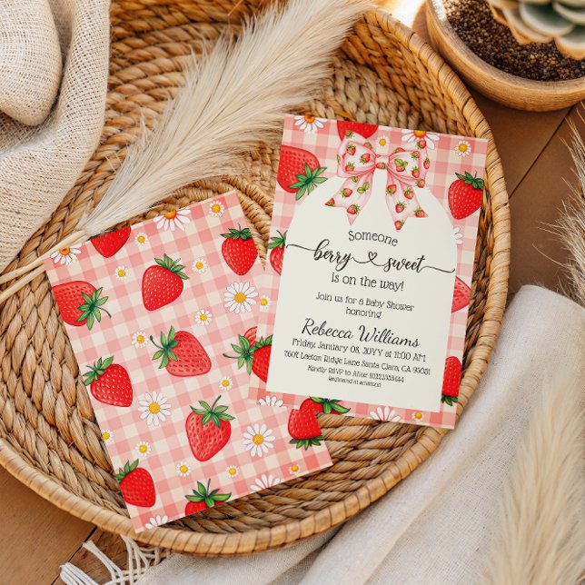 Invitación Ducha de bebé dulce y rústica a cuadros de fresa y (Subido por el creador)