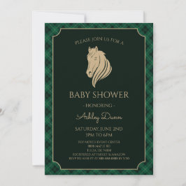 Invitación Ducha de Bebé Ecuestre de Gingham Verde
