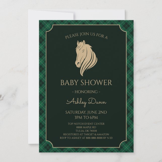 Invitación Ducha de Bebé Ecuestre de Gingham Verde (Anverso)