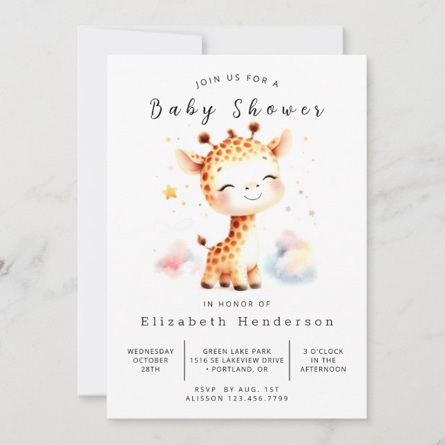 Invitación Ducha de Bebé Editable de Jirafa Acuarela (Anverso)