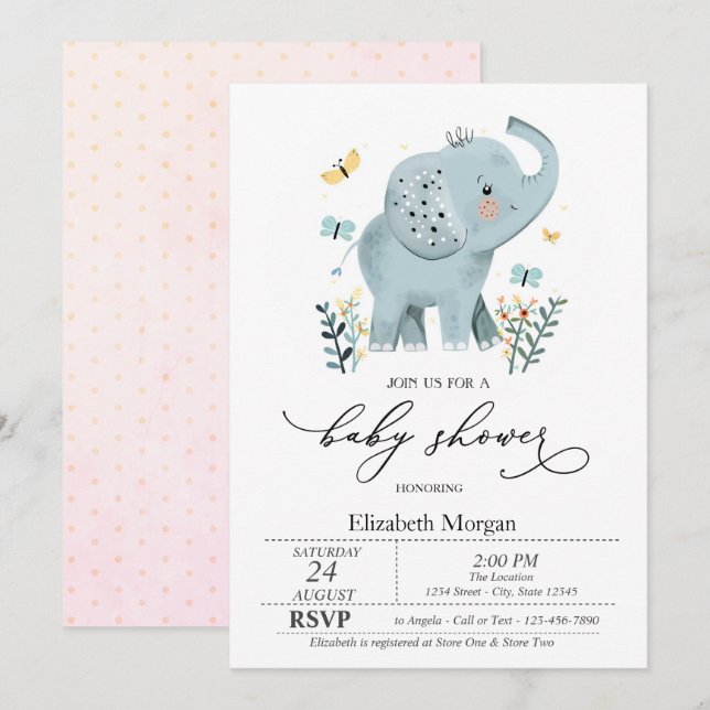 Invitación Ducha de bebé elefante bebé mariposa azul puntos  (Anverso / Reverso)