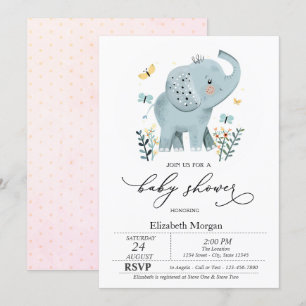 Invitación Ducha de bebé elefante bebé mariposa azul puntos 