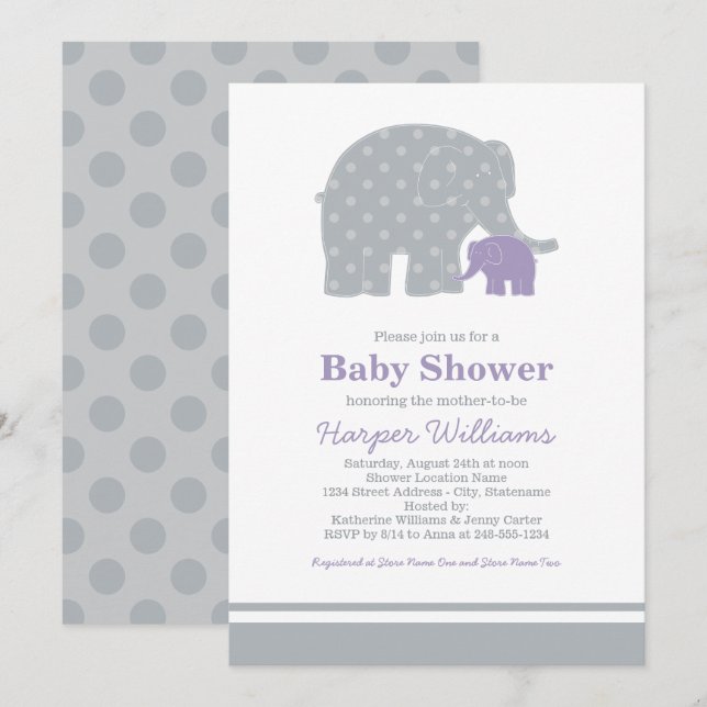 Invitación Ducha de bebé elefante bebé morado gris Mamá (Anverso / Reverso)