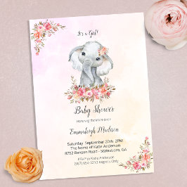 Invitación Ducha de bebé elefante boho chic coral acuarela