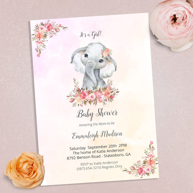 Invitación Ducha de bebé elefante boho chic coral acuarela (Subido por el creador)