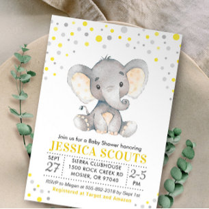 Invitación Ducha de Bebé Elefante de Lunares Gris Amarillo Ne