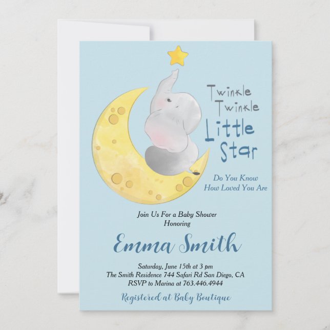 Invitación Ducha de Bebé Elefante Estrellita Brillante (Anverso)