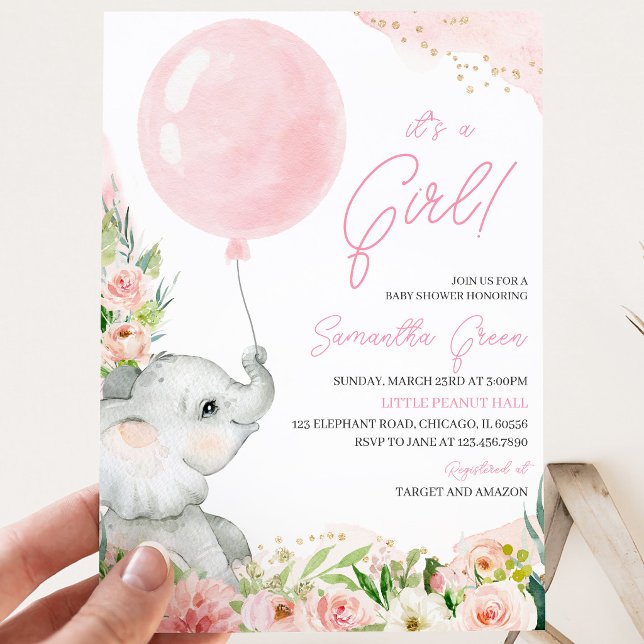 Invitación Ducha de Bebé Elefante Floral Rosa (Subido por el creador)