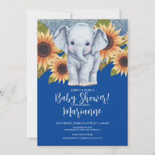 Invitación Ducha de bebé elefante girasoles brillo azul