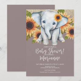 Invitación Ducha de bebé elefante girasoles brillo rosa polvo