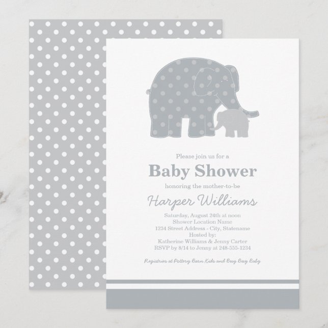 Invitación Ducha de bebé elefante gris madre bebé (Anverso / Reverso)