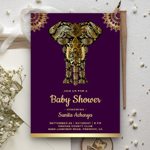Invitación Ducha de Bebé Elefante Índico de Oro Púrpura