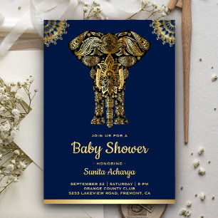 Invitación Ducha de bebé elefante indio oro azul