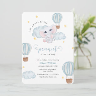 Invitación Ducha de Bebé Elefante Mamá Globo Aerostático Azul