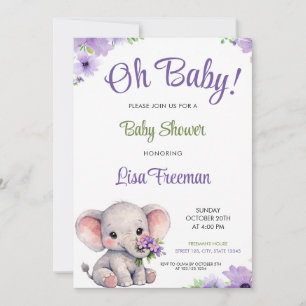 Invitación Ducha de Bebé Elefante Morado y Verde Acuarela