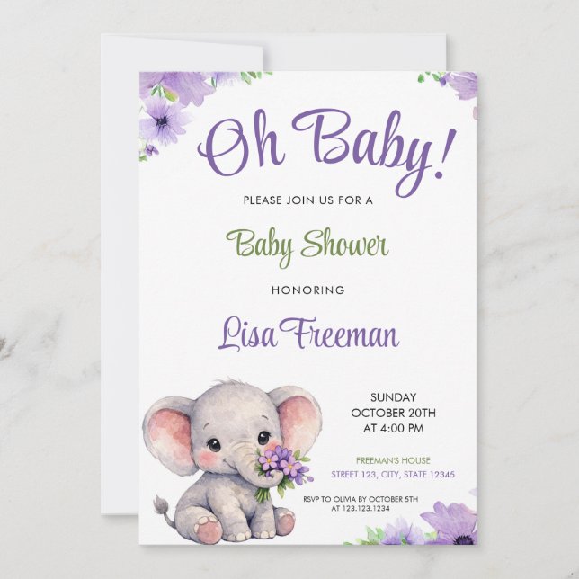 Invitación Ducha de Bebé Elefante Morado y Verde Acuarela (Anverso)