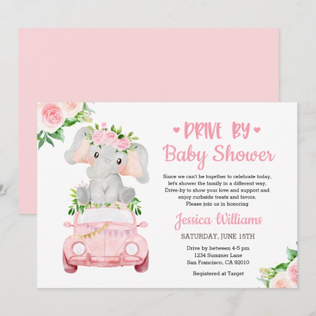 Invitación Ducha de Bebé Elefante Niña Drive By (Anverso / Reverso)