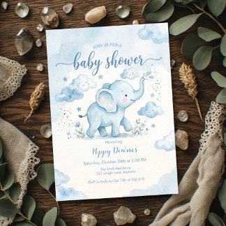 Invitación Ducha de bebé Elefante Rociador Nubes Azules 