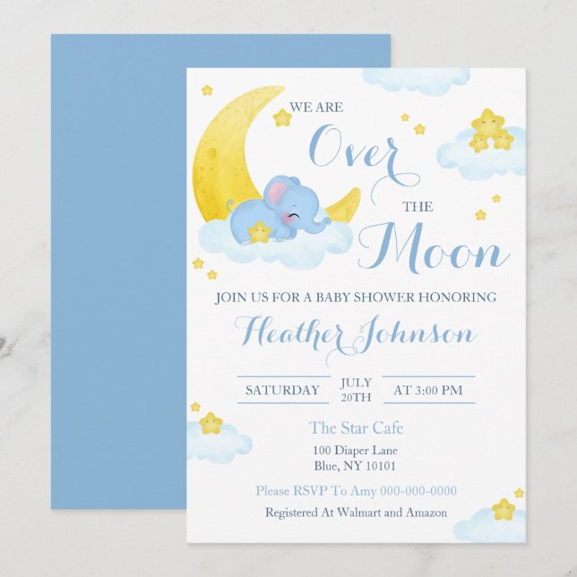 Invitación Ducha de Bebé Elefante Sobre La Luna (Anverso / Reverso)