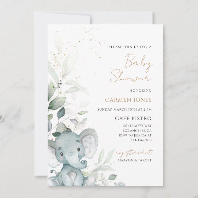 Invitación Ducha de Bebé Elefante Verde (Anverso)