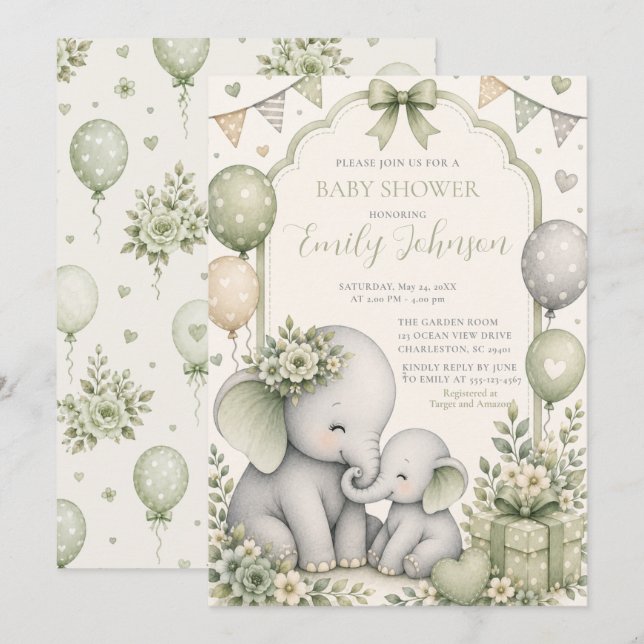 Invitación Ducha de Bebé Elefante Verde Sage (Anverso / Reverso)