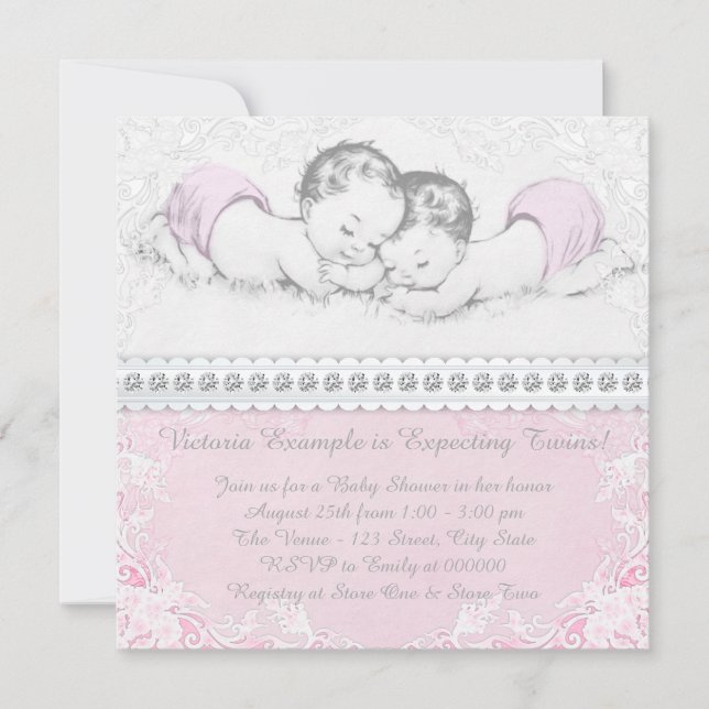 Invitación Ducha de Bebé Elegante de Gemelas Rosadas (Anverso)