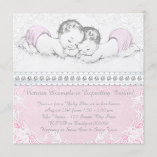 Invitación Ducha de Bebé Elegante de Gemelas Rosadas