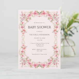 Invitación Ducha de Bebé Elegante Rosas Florales Rosadas