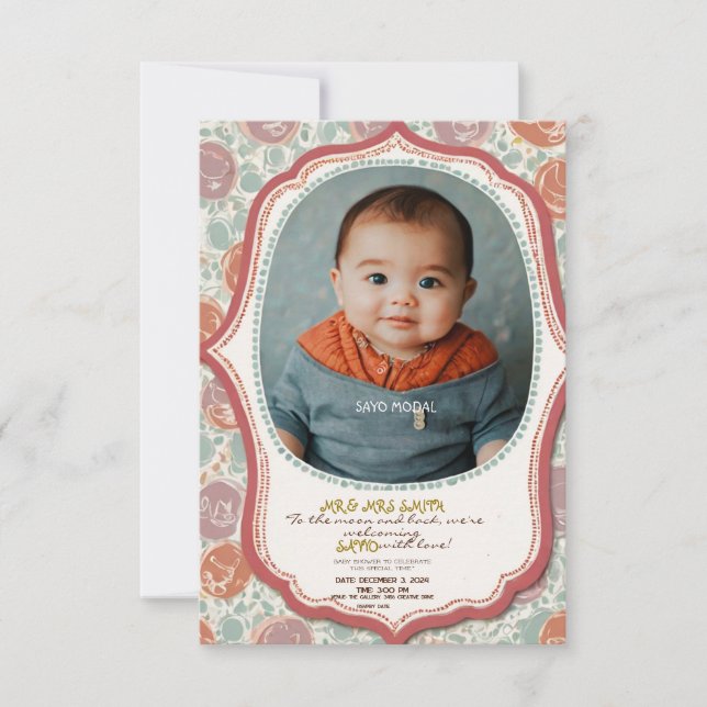 Invitación ducha de bebé elementos florales rosas lindo bebé (Anverso)