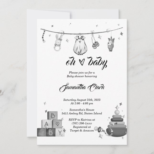 Invitación Ducha de Bebé en Blanco y Negro (Anverso)
