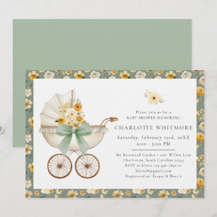 Invitación Ducha de Bebé en Carruaje Floral Verde Salvia