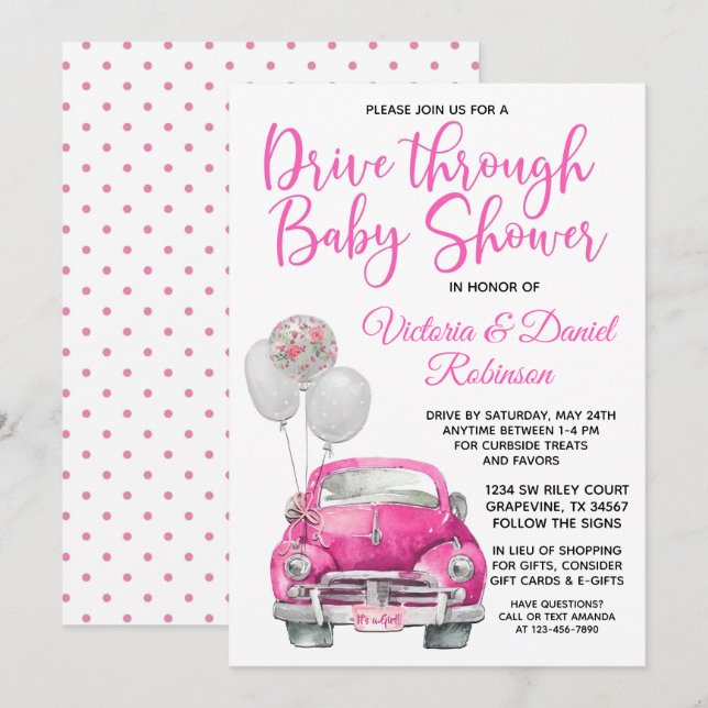 Invitación Ducha de bebé en coche para niña (Anverso / Reverso)