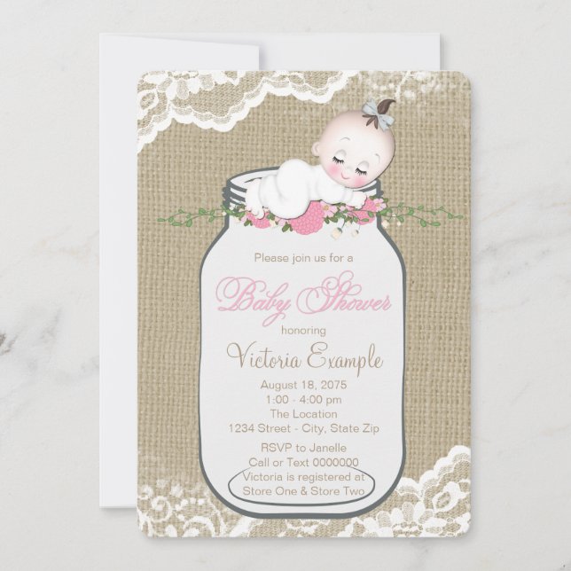 Invitación Ducha de bebé en frasco de Mason con arpillera (Anverso)