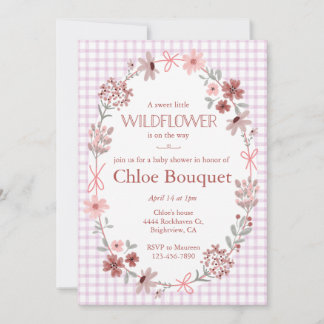 Invitación Ducha de bebé en Gingham con lazo de flor silvestr