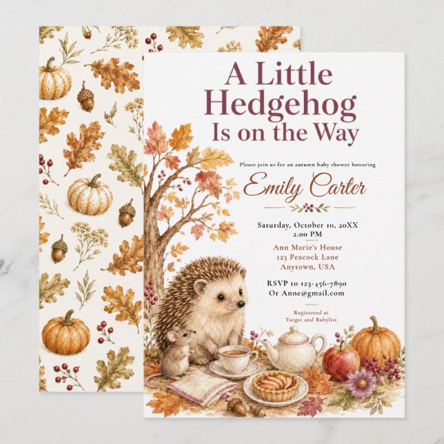 Invitación Ducha de Bebé Erizo de Otoño (Anverso / Reverso)