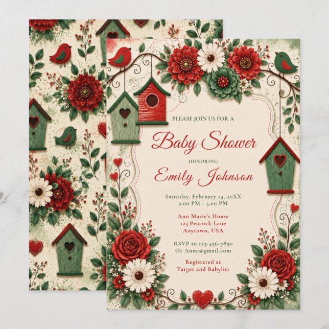 Invitación Ducha de Bebé Esmeralda Roja de Navidad (Anverso / Reverso)