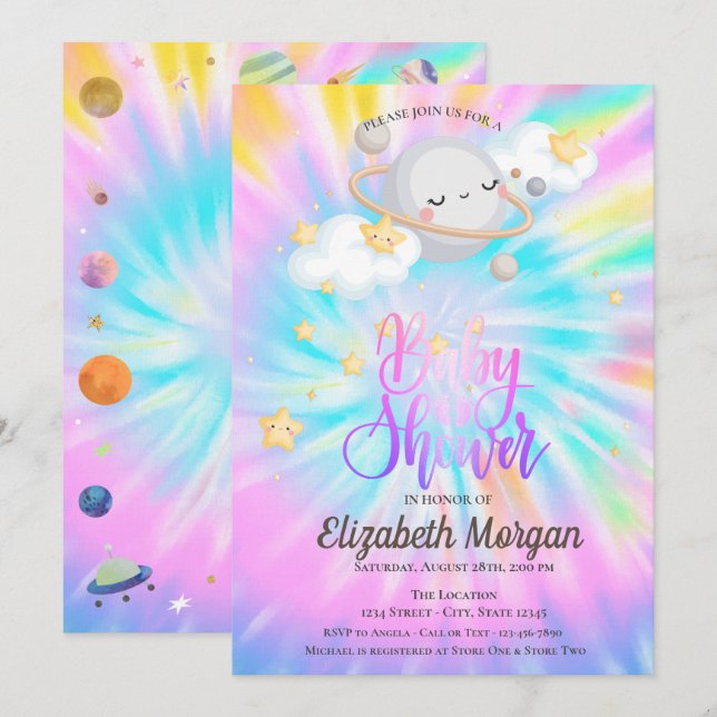 Invitación Ducha de Bebé Espacio Exterior Estrellas Planeta T (Anverso / Reverso)