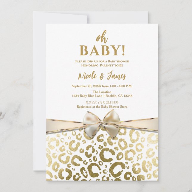 Invitación Ducha de Bebé Estampado de Leopardo con Glam Blanc (Anverso)