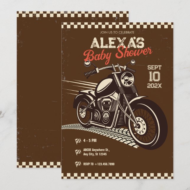 Invitación Ducha de bebé estilo moto vintage clásica (Anverso / Reverso)