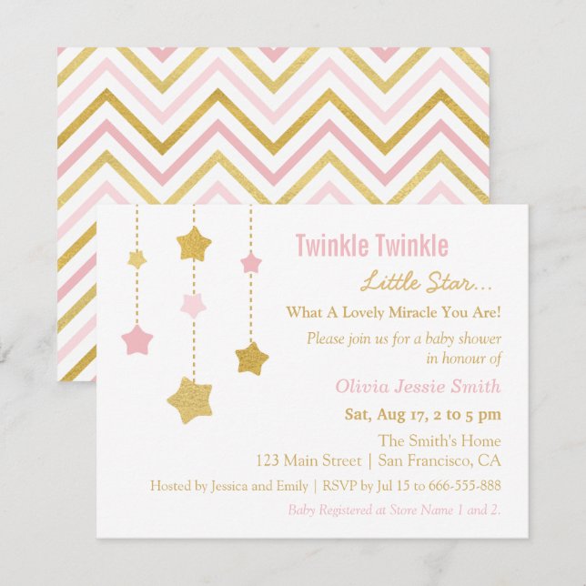 Invitación Ducha de Bebé Estrella Pequeña Brillo Rosa Oro Fal (Anverso / Reverso)
